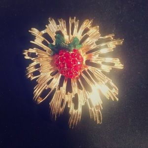 Raspberry on Gold Leaf Brooch